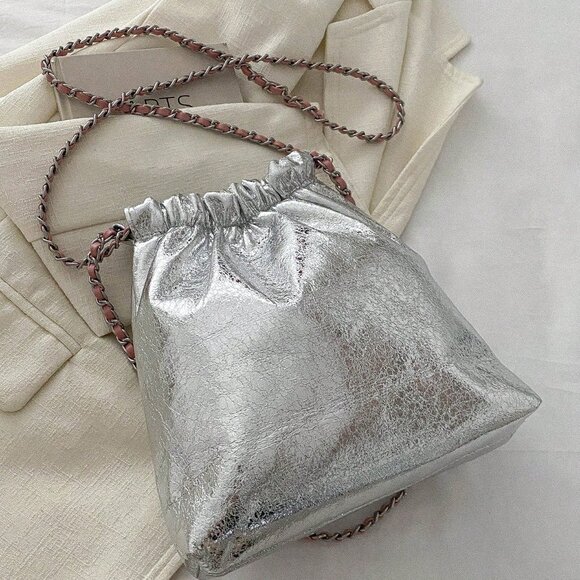 Silver Casual Women's Rhinestone Drawstring Shoulder Bag - Picture 6 of 7